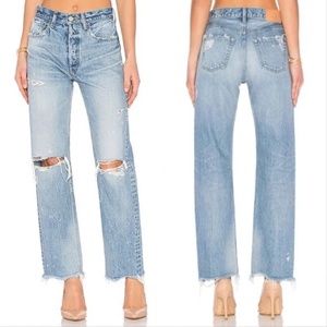 Moussy Odessa Wide Straight Denim Jeans High Rise Distressed Light Blue 26